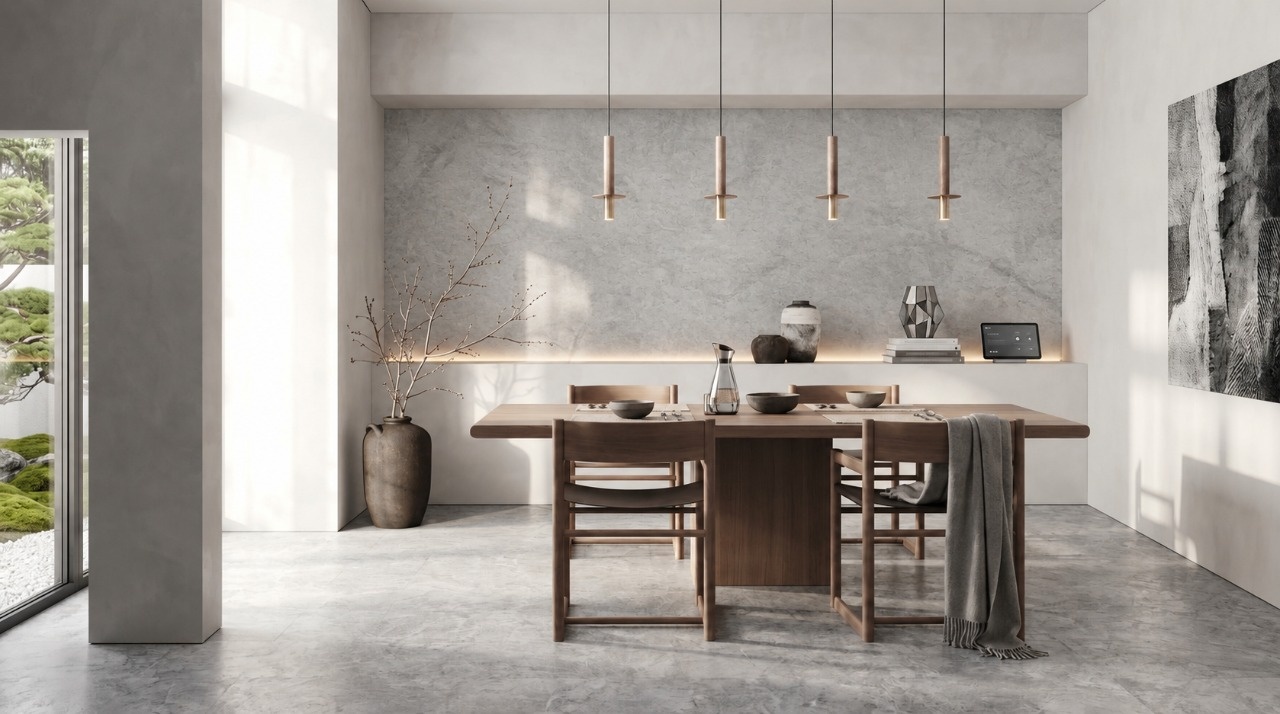 Минималистичная столовая в стиле джапанди с деревянным столом и стульями, бетонным серым полом, подвесными светильниками, керамическим декором и панорамным окном в японский сад.